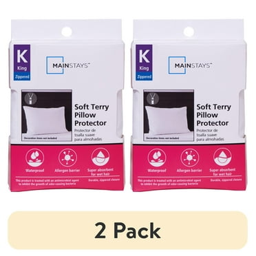 (2 pack) Mainstays Soft Terry Waterproof Zippered Pillow Protector, King, White