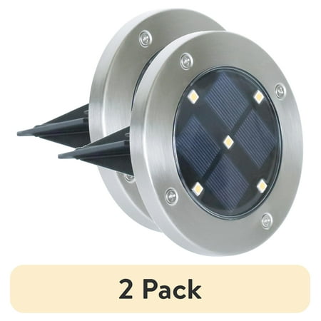 (2 pack) Mainstays Solar Powered Stainless Steel LED Landscape Disc Lights, 12 Lumens (4 Count)