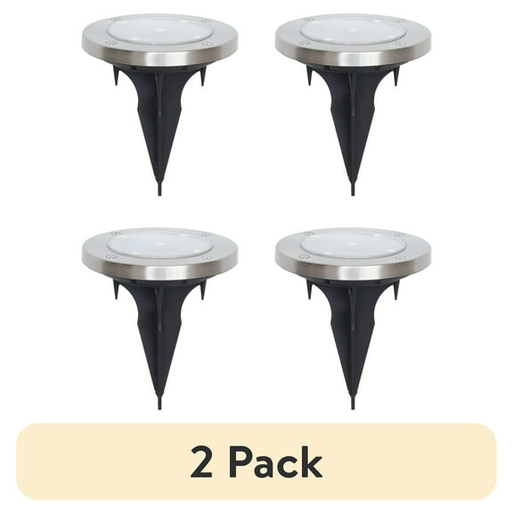 (2 pack) Mainstays Solar Powered Stainless Steel LED Landscape Disc Lights, 12 Lumens (4 Count)