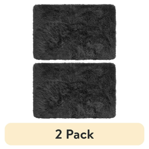 (2 pack) Mainstays Solid Black Fluffy Shag Faux Fur Area Rug, 36 in x 56 in