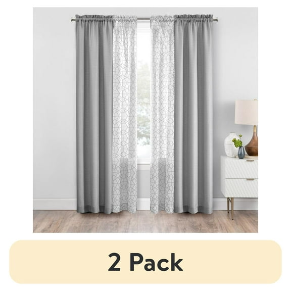 (2 pack) Mainstays Curtain and Sheers Set, 4 Panels, Silver, 27.5" W x 84” L