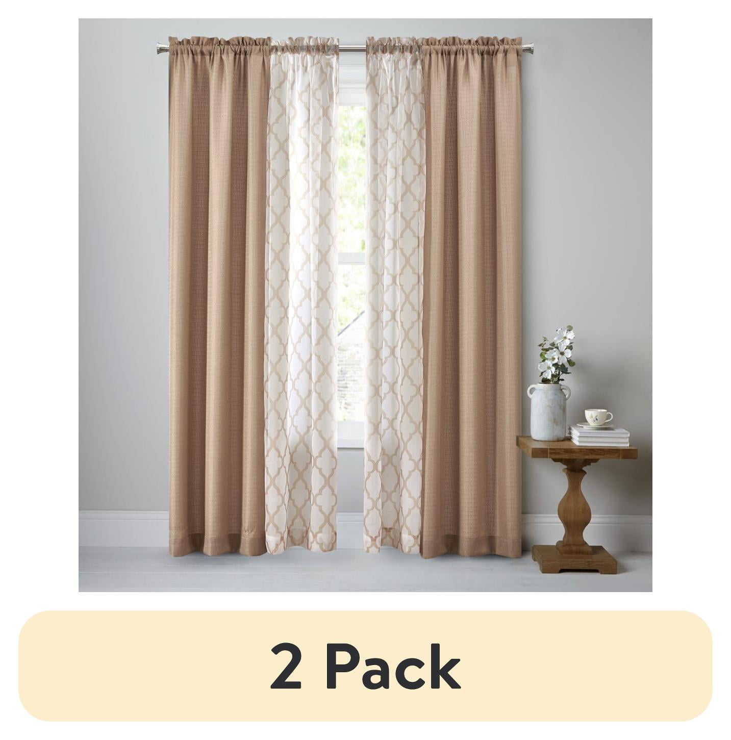 (2 pack) Mainstays Curtain and Sheers Set, 4 Panels, Tan, 27.5" W x 84” L