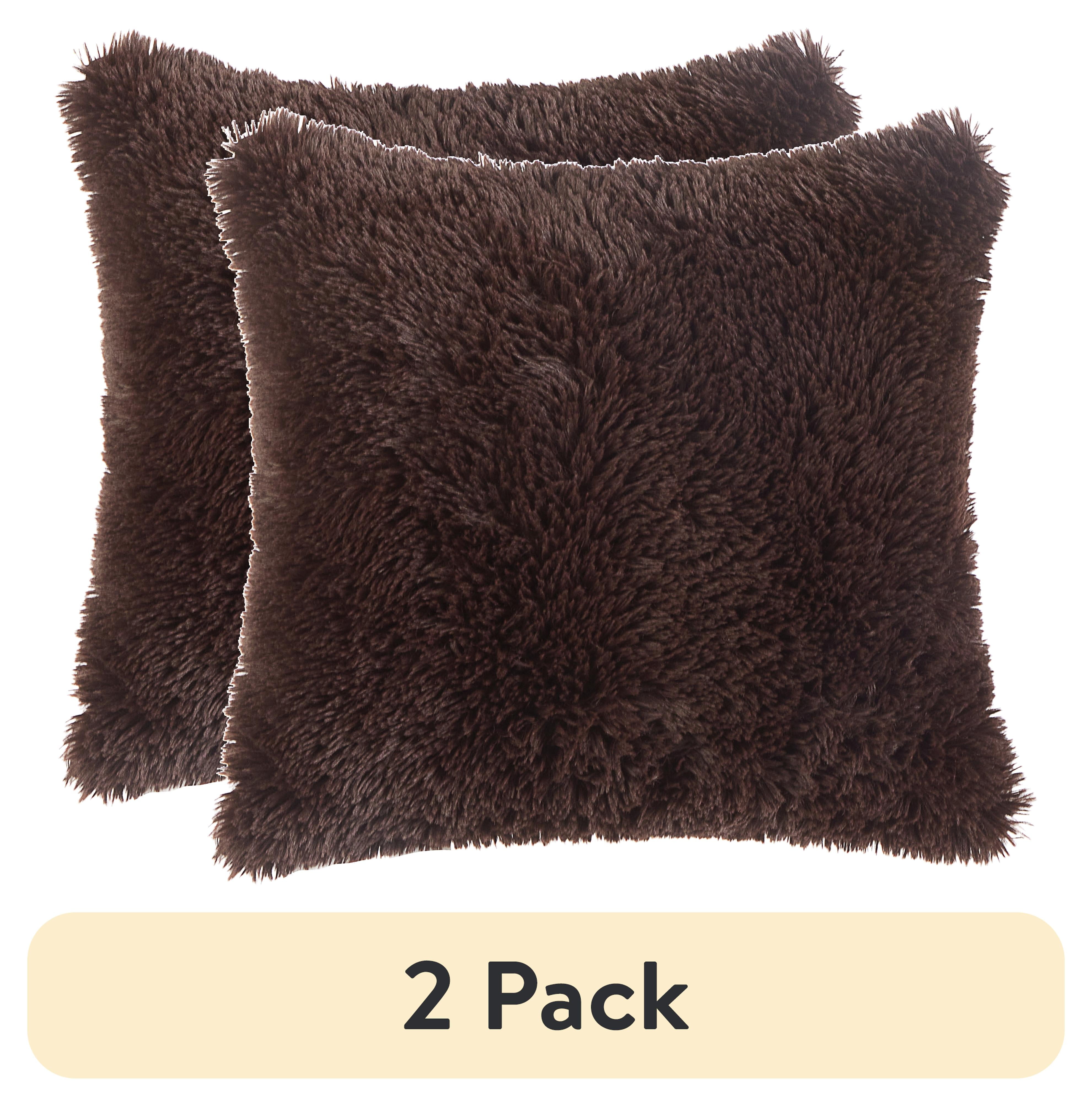 (2 pack) Mainstays Super Lux Shag Faux Fur Brown Pillow, 19 in x 19 in, Square 2 Pack