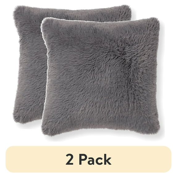 (2 pack) Mainstays Super Lux Shag Faux Fur Gray Pillow, 19" x 19" , Square, 1 per Pack