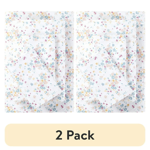 (2 pack) Mainstays Super Soft Brushed Microfiber Bed Sheet Set, Queen, White Floral, 4 Piece