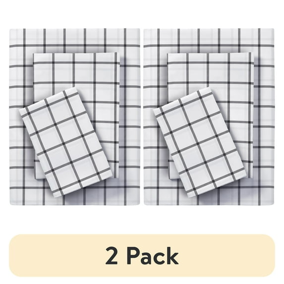 (2 pack) Mainstays Super Soft Brushed Microfiber Bed Sheet Set, Twin-XL, White Windowpane, 3 Piece