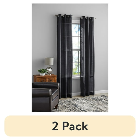 (1 pack) Mainstays Textured Faux Silk Light Filtering Grommet Curtain Panel, Set of 2, Black, 37” W x 84” L