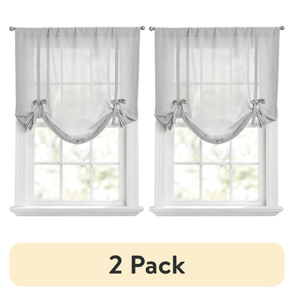 (2 pack) Mainstays Tie Up Balloon Shade 63" Valance, Poletop Soft Silver, Polyester, Sheer, Adult