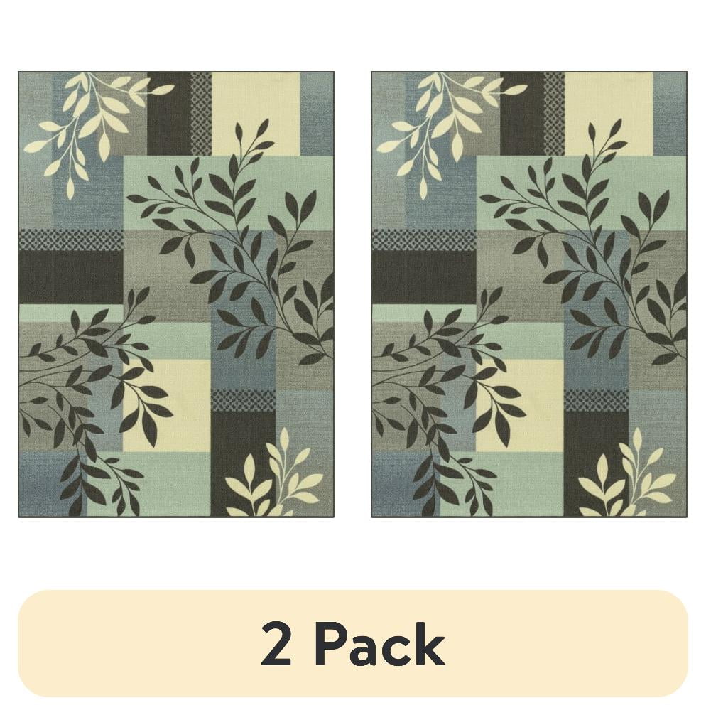 (2 pack) Mainstays Traditional Leaf Block Aqua Gray Print Indoor Area Rug, 5' x 7'
