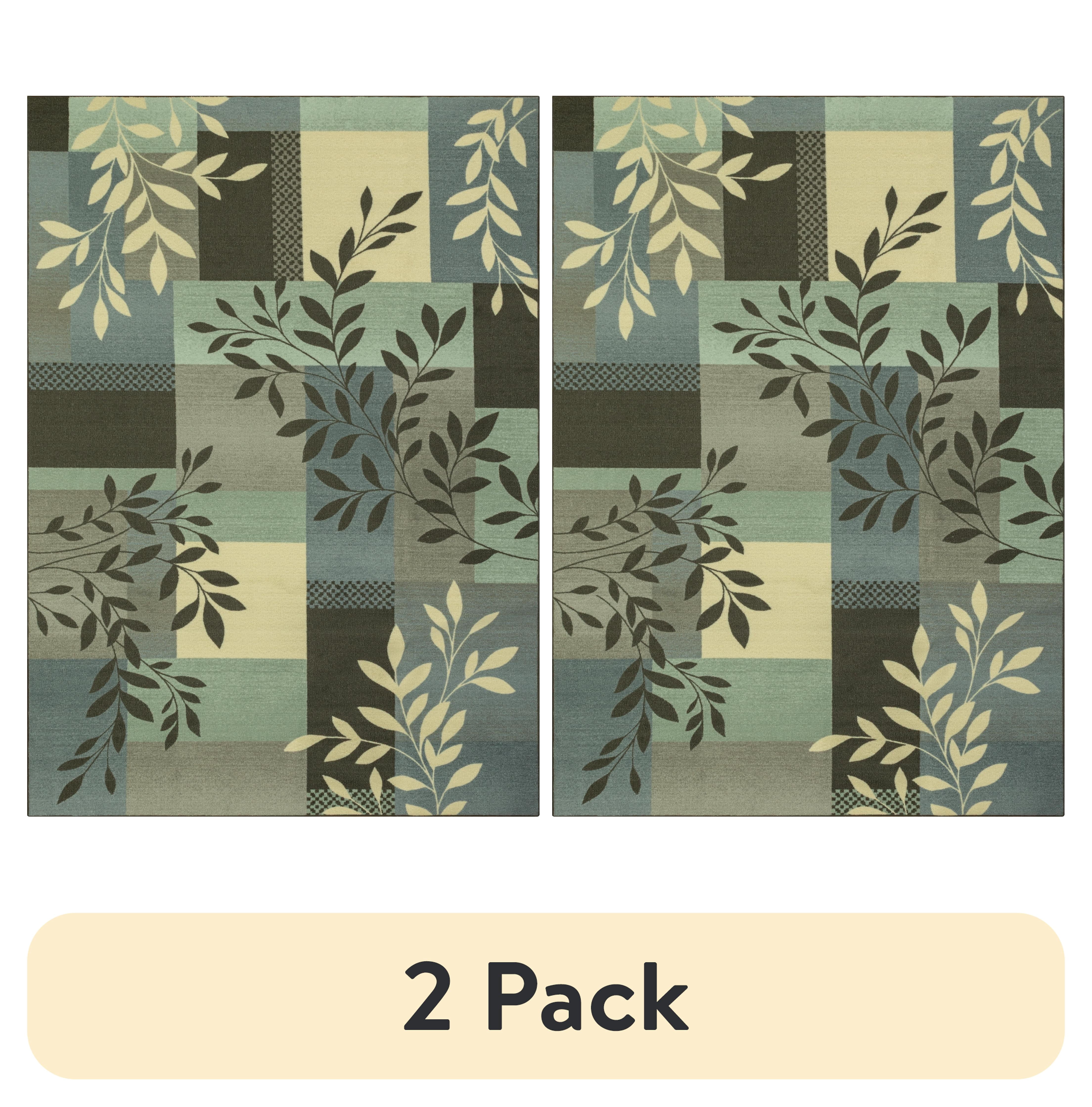 (2 pack) Mainstays Traditional Leaf Block Aqua Gray Print Indoor Area Rug, 7' x 10'
