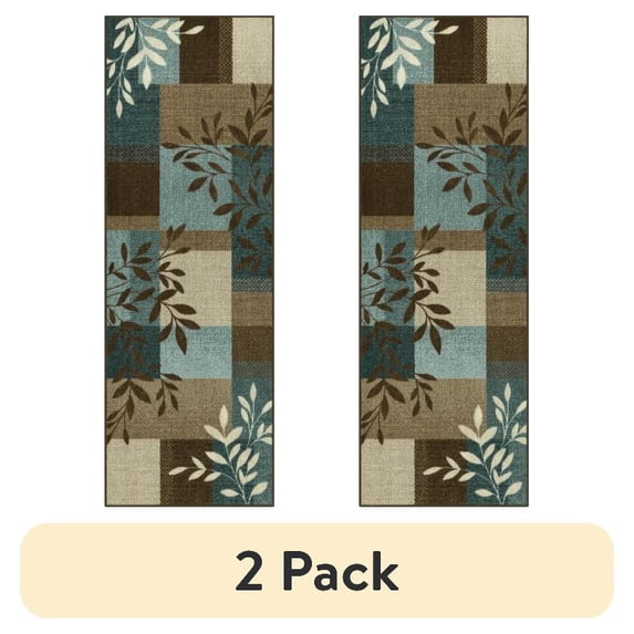 (2 pack) Mainstays Traditional Leaf Block Blue Brown Indoor Hallway Runner Rug, 1'8"x5'
