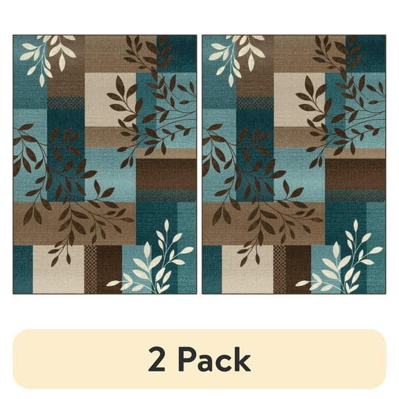 (2 pack) Mainstays Traditional Leaf Block Blue Brown Print Indoor Area Rug, 4'x5'4"