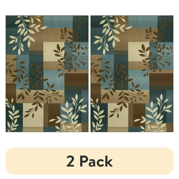 (2 pack) Mainstays Traditional Leaf Block Blue Brown Print Indoor Area Rug, 7' x 10'