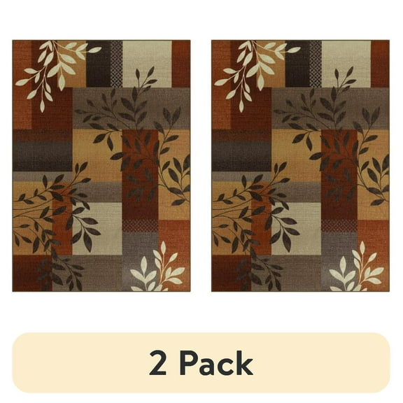 (2 pack) Mainstays Traditional Leaf Block Rust Brown Print Indoor Area Rug, 5' x 7'
