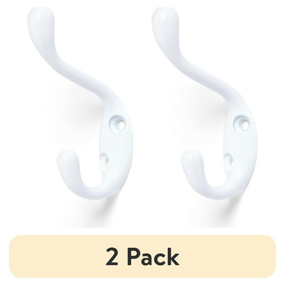(2 pack) Mainstays, Double Hook White Metal Hook for Hanging Towels and Coats, 10 lbs Capacity, 1 ct