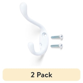 (2 pack) Mainstays, Double Hook White Metal Hook for Hanging Towels and Coats, 10 lbs Capacity, 1 ct