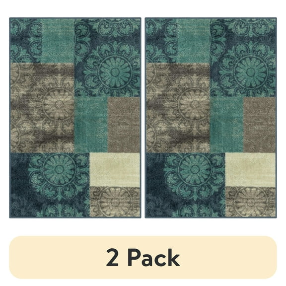 (2 pack) Mainstays Transitional Medallion Block Teal Indoor Accent Rug, 2'6"x3'10"