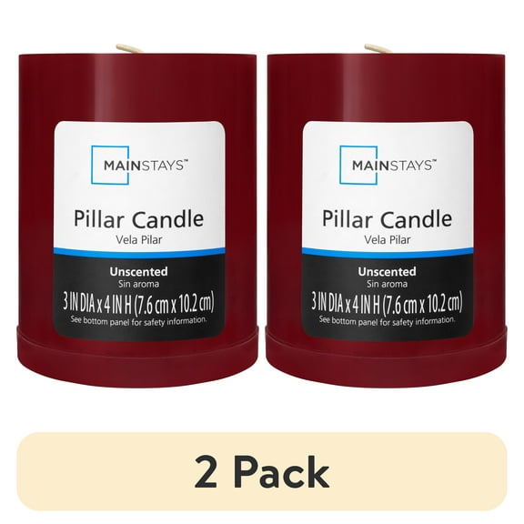 (2 pack) Mainstays Unscented Decorative Pillar Candle, Red, 3" x 3"