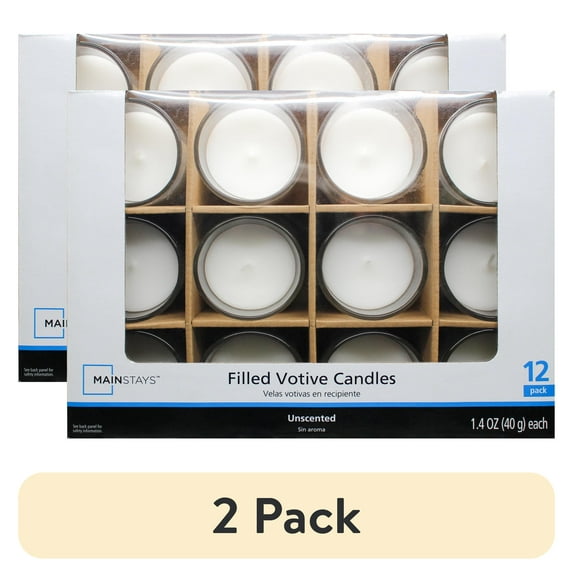 (2 pack) Mainstays Unscented Filled Votive Glass Candles, White, 12-Pack Votive Candles