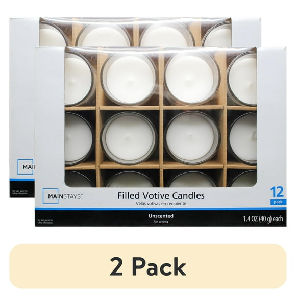 (2 pack) Mainstays Unscented Filled Votive Glass Candles, White, 12-Pack Votive Candles
