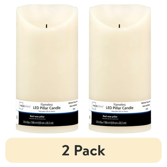 (2 pack) Mainstays Unscented Flameless LED Pillar Candle, Ivory, 4 x 8 in