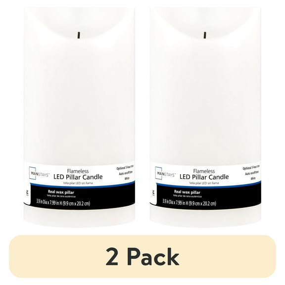 (2 pack) Mainstays Unscented Flameless LED Pillar Candle, White, 4 x 8 in