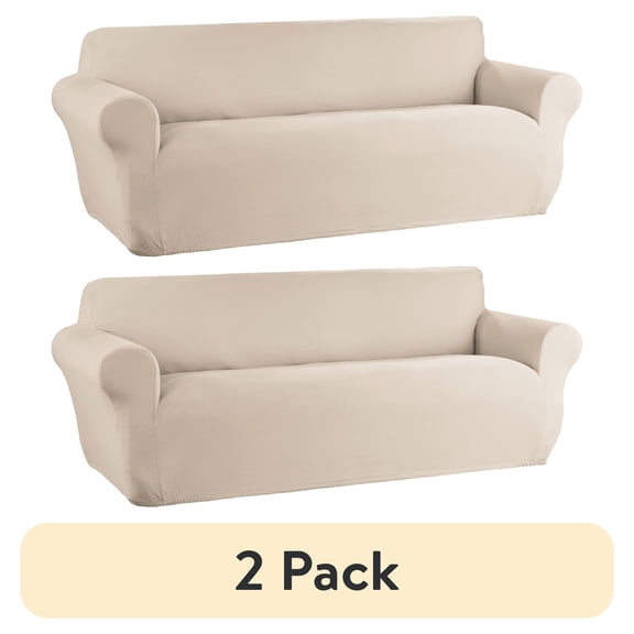 (2 pack) Mainstays Waterproof Stretch-to-Fit Fabric Sofa Slipcover, 1-Piece, Tan