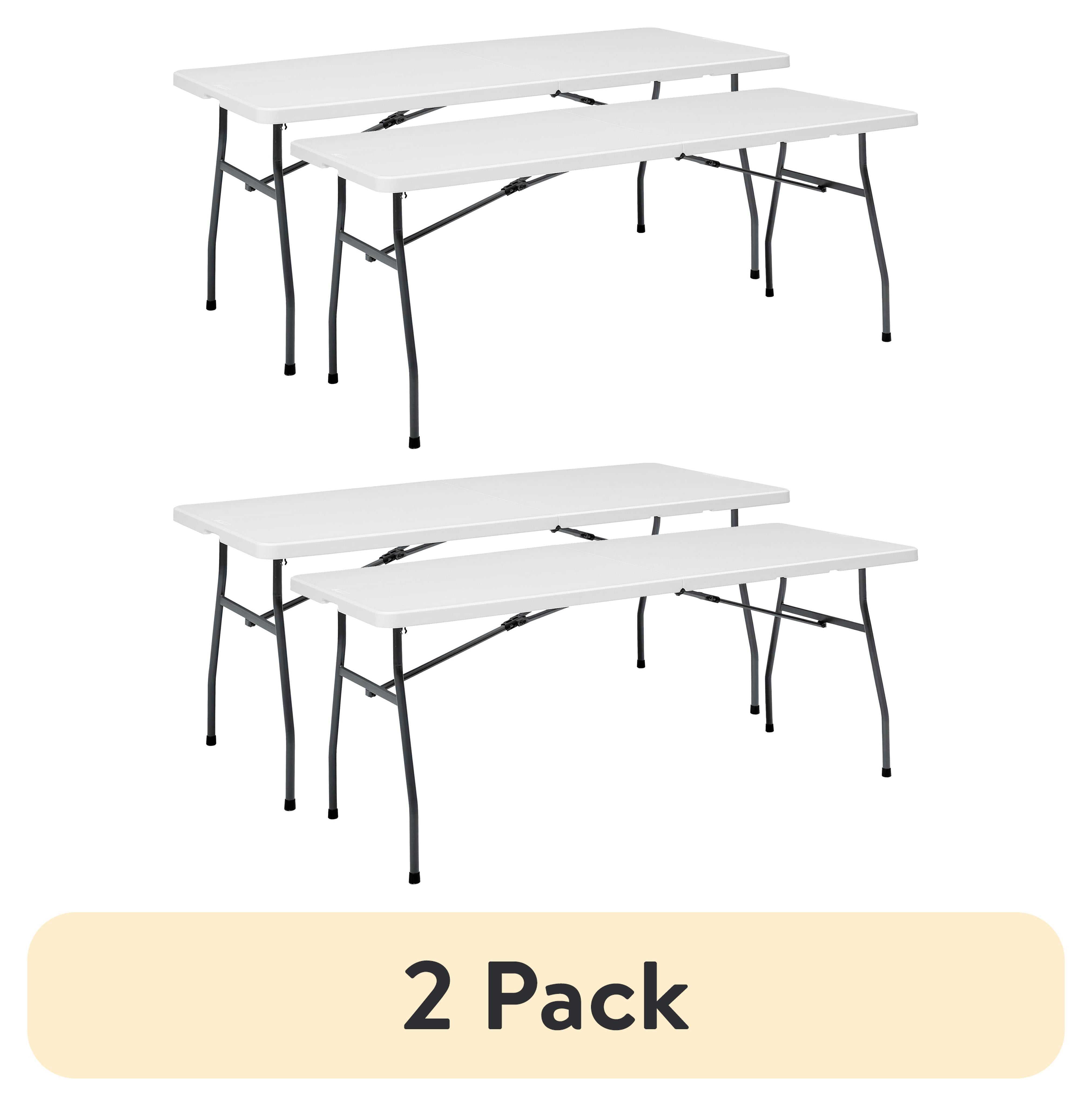 (4 pack) Mainstays White 6 Foot Fold-in-Half Plastic Table, Indoor Outdoor, Scratch Resistant, Stain & UV Damage, Built-in Carry Handle, 2-PAK