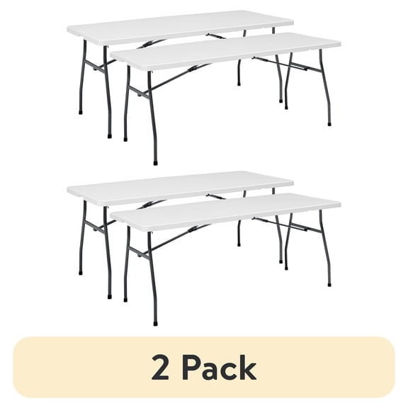 (4 pack) Mainstays White 6 Foot Fold-in-Half Plastic Table, Indoor Outdoor, Scratch Resistant, Stain & UV Damage, Built-in Carry Handle, 2-PAK