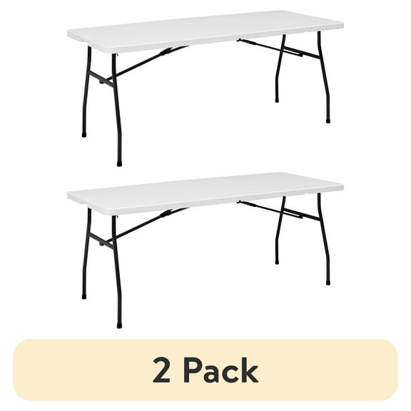 (2 pack) Mainstays White 6 Foot Fold-in-Half Plastic Table, Indoor Outdoor, Scratch Resistant, Stain & UV Damage, Built-in Carry Handle