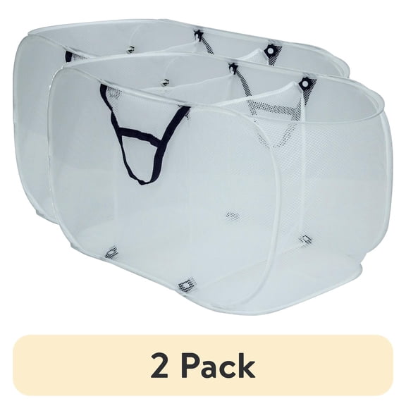 (2 pack) Mainstays Pop-Up Mesh Triple Sort Laundry Basket with Three Compartments, White, 16" x 16" x 28"