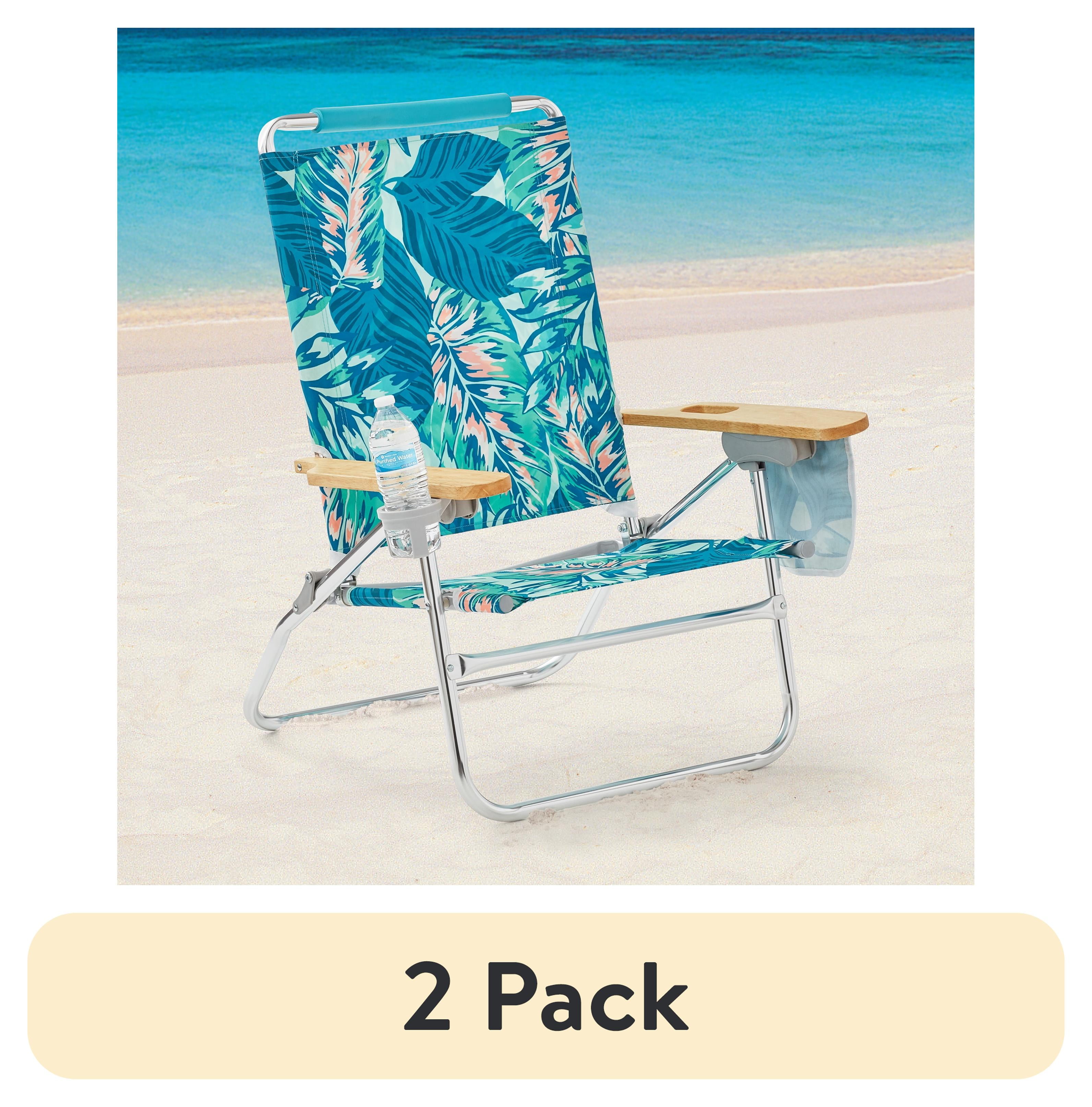 (2 pack) Mainstays Wood Arm Reclining Comfort Height Beach Chair, Green Palm