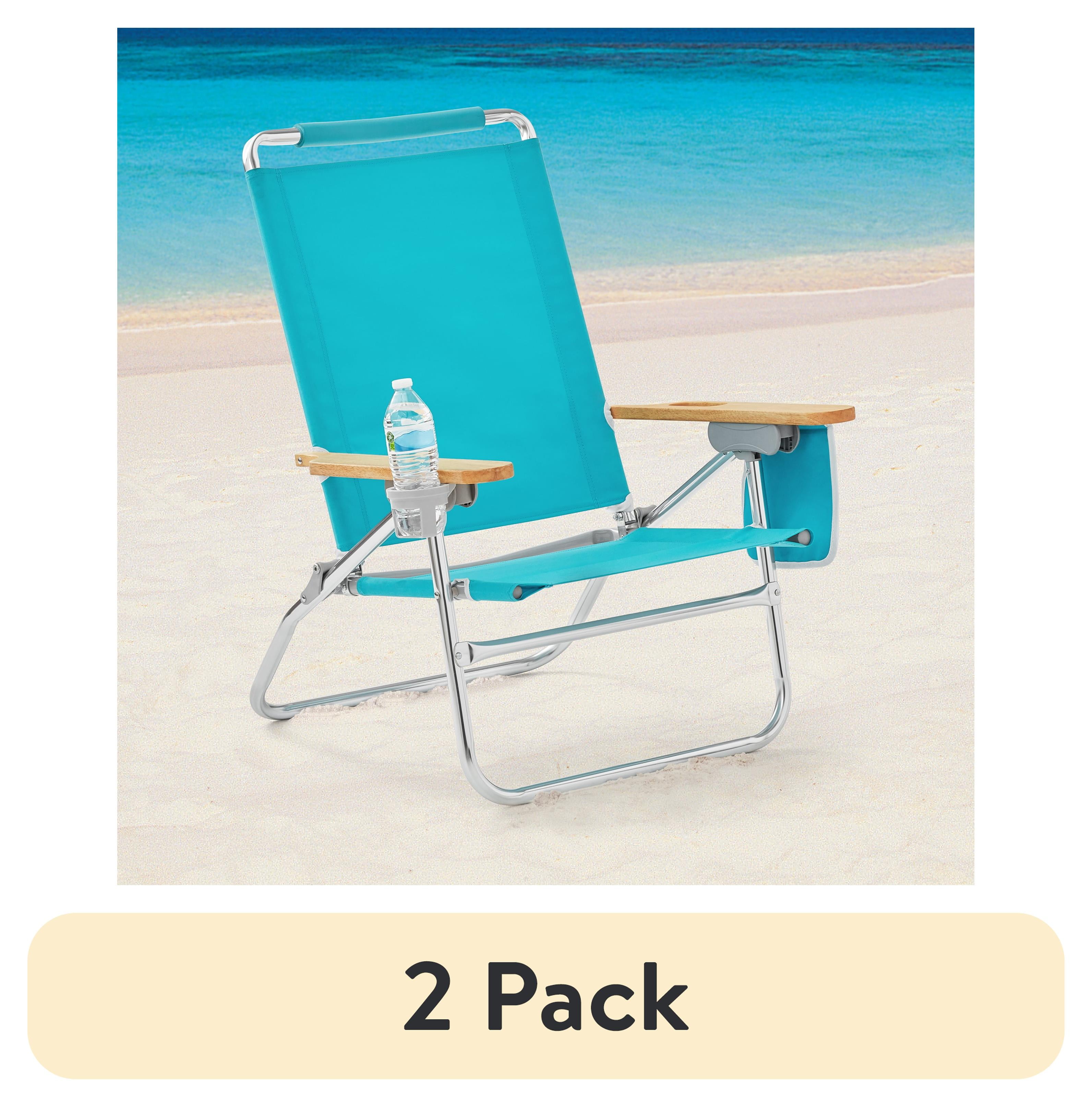 (2 pack) Mainstays Wood Arm Reclining Comfort Height Beach Chair, Teal