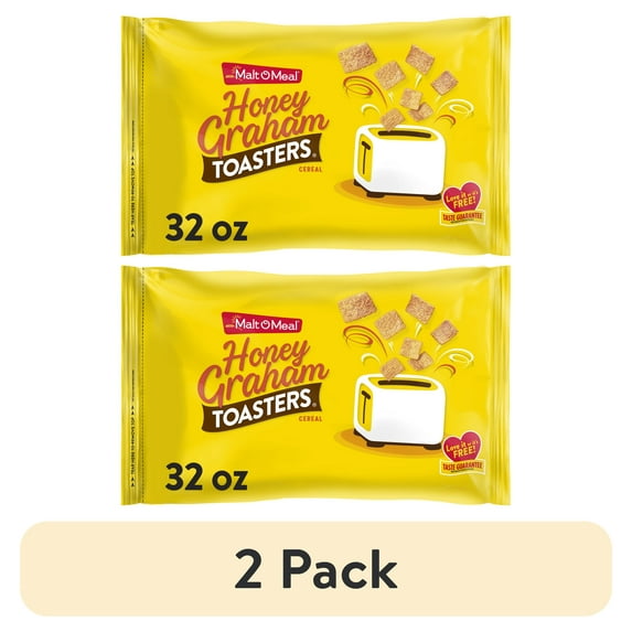 (2 pack) Malt-O-Meal Honey Graham Toasters Breakfast Cereal, Crunchy Honey Graham Squares, 32 oz Bag