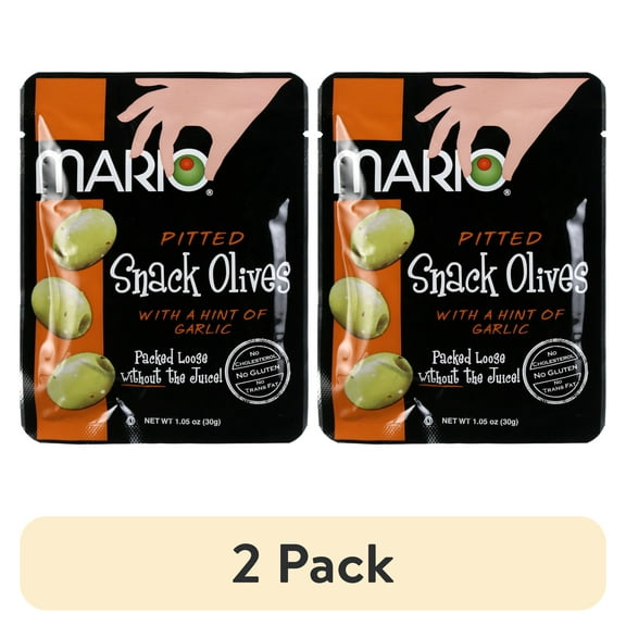 (2 pack) Mario Pitted Snack Olives with a Hint of Garlic, 1.05 oz, 12 Ct