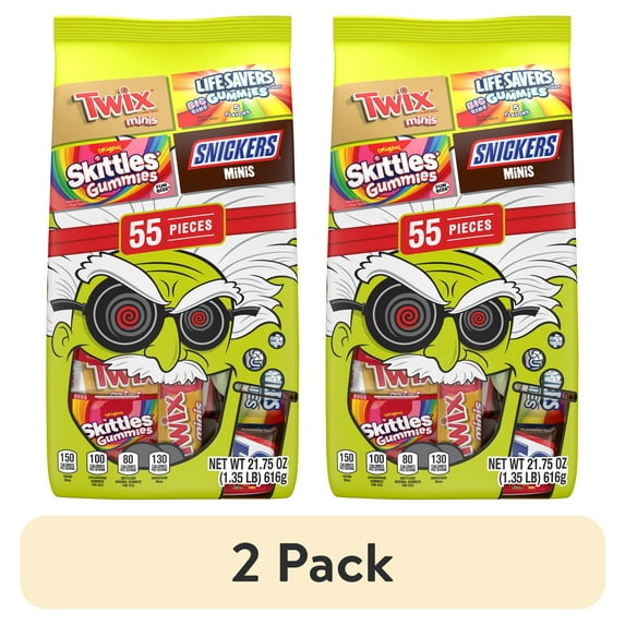 (2 pack) Mars Mixed Snickers, Skittles Gummies & More Halloween Candy Variety Pack, 55 Count Bulk Bag