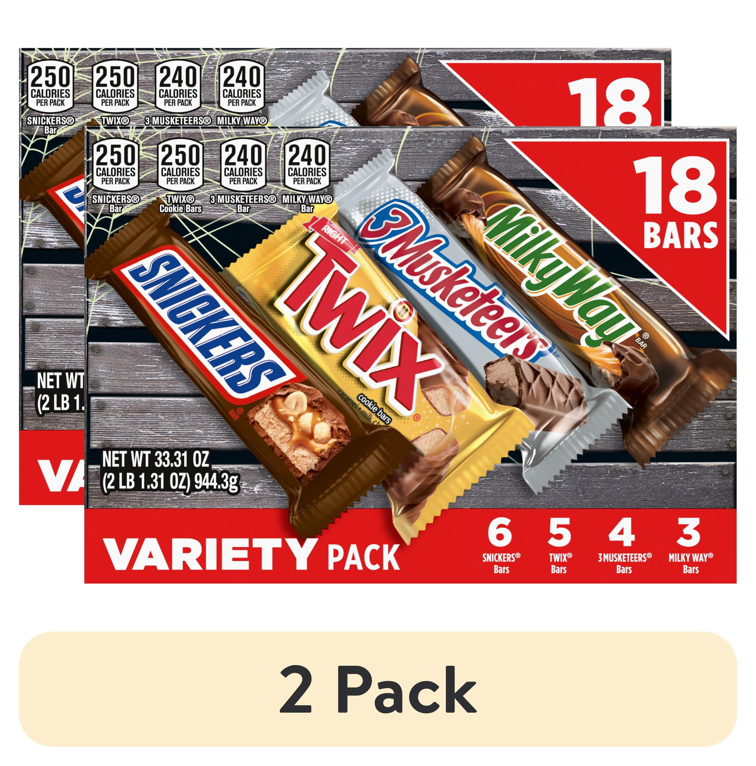 (2 pack) Snickers, Twix, Milky Way & 3 Musketeers Variety Pack Halloween Milk Chocolate Candy Bars -18 Count Box