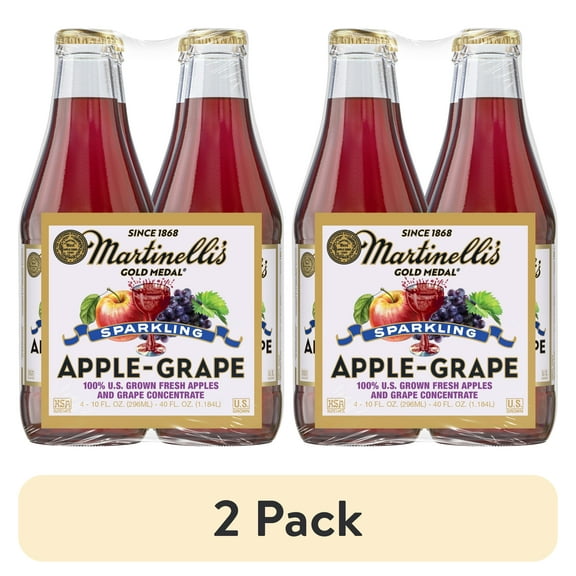 (2 pack) Martinelli's Gold Medal 100% Juice Sparkling Apple Grape, 10 Fluid Ounces, Glass Bottles, 4 Count