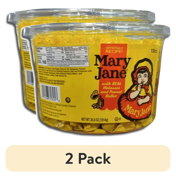 (2 pack) Mary Jane Candy | Individually Wrapped Molasses & Peanut Butter Candy | Huge 35.8 Oz (2.24 Lbs) | 130 Count Tub