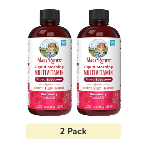 (2 pack) MaryRuth's Liquid Morning Multivitamin, Adults and Kids, General Health and Wellness, Immune Support, Overall Health, Vegan, Raspberry, 15.22 fl oz