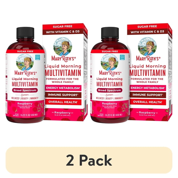 (2 pack) MaryRuth's Liquid Morning Multivitamin, Adults and Kids, General Health and Wellness, Immune Support, Overall Health, Vegan, Raspberry, 15.22 fl oz