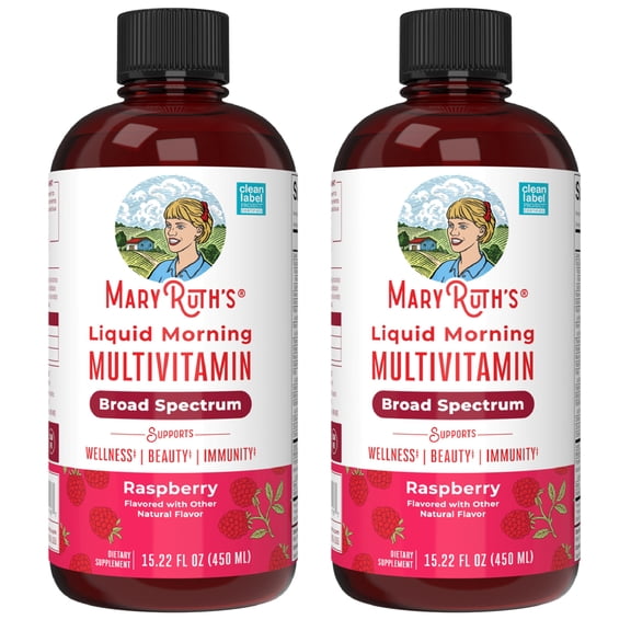 (2 pack) MaryRuth's Liquid Morning Multivitamin, Adults and Kids, General Health and Wellness, Immune Support, Overall Health, Vegan, Raspberry, 15.22 fl oz