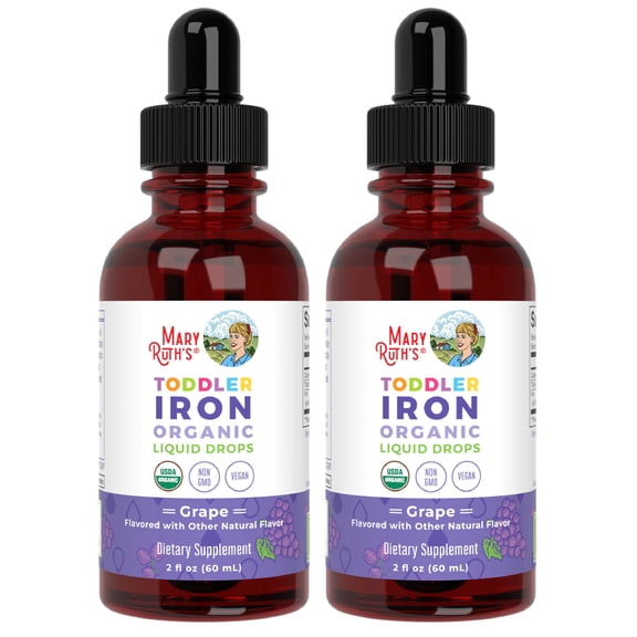 (2 pack) MaryRuth's Liquid Iron Drops for Toddlers Ages 1-3, USDA Organic, Cellular Metabolism Overall Health, Vegan Gluten-Free, Unisex, Grape Flavor, 2 fl oz