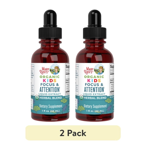 (2 pack) MaryRuth's Kids Focus & Attention Liquid Drops, USDA Organic Herbal Supplement, Ginkgo Biloba, Rhodiola Root, Vegan, Non-GMO, Unisex, 1 fl oz
