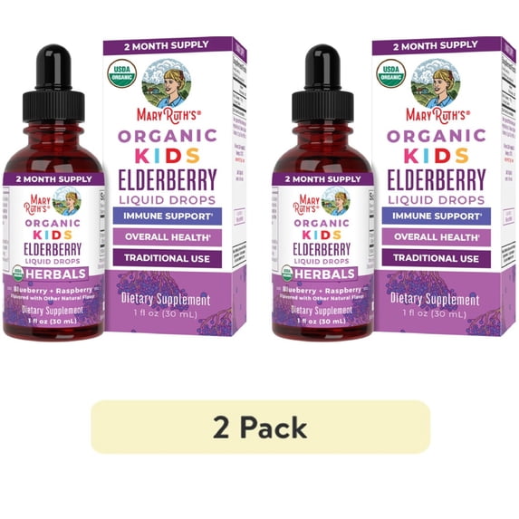 (2 pack) MaryRuth's Kids USDA Organic Elderberry Liquid Drops, Herbal Supplement, Blueberry Raspberry Flavor, Vegan, Sugar-Free, Ages 4+, 1 fl oz