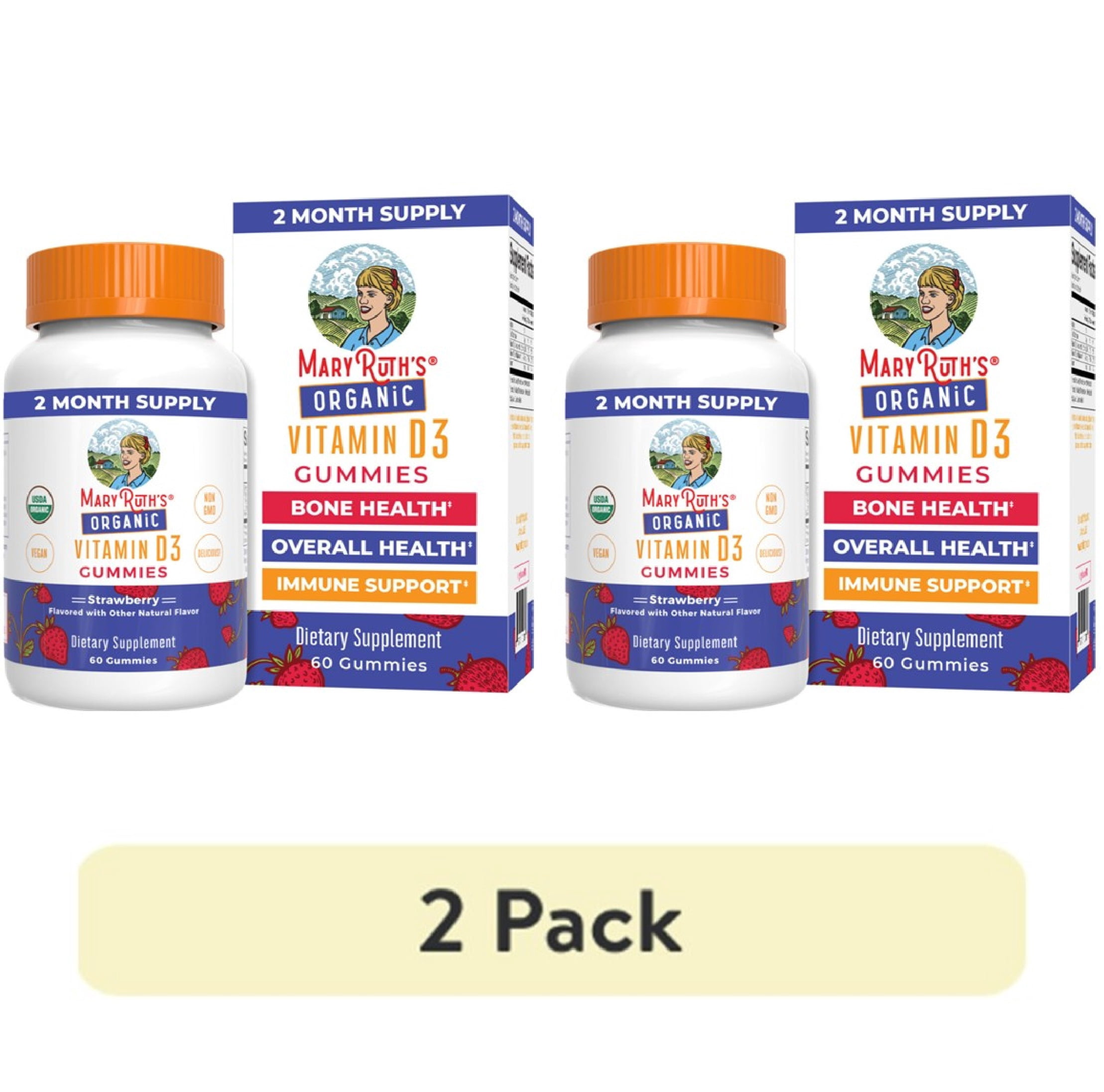 (2 pack) MaryRuth's Vitamin D3 Gummies USDA Organic Strawberry Vegan Ages 2+ 60 Count