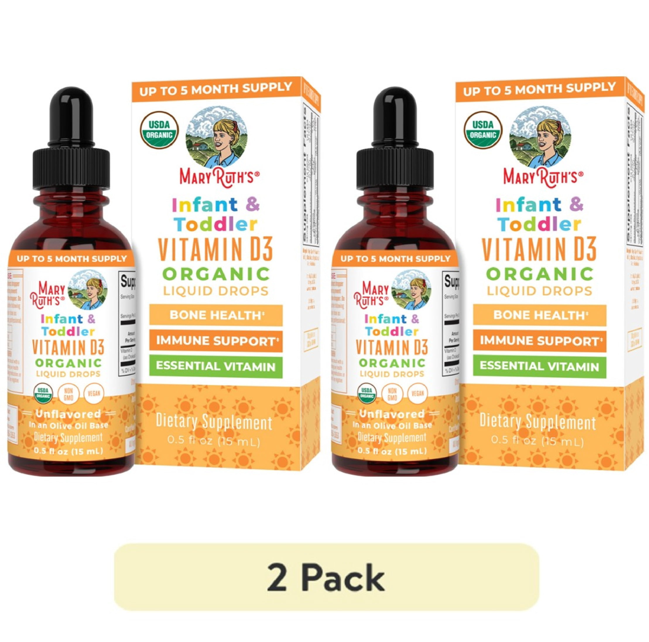 (2 pack) MaryRuth's Vitamin D3 Liquid Drops Supplement for Infant & Toddler, USDA Organic, Olive Oil Infused, Vegan, Gluten Free, Sugar Free, 0.5 fl oz