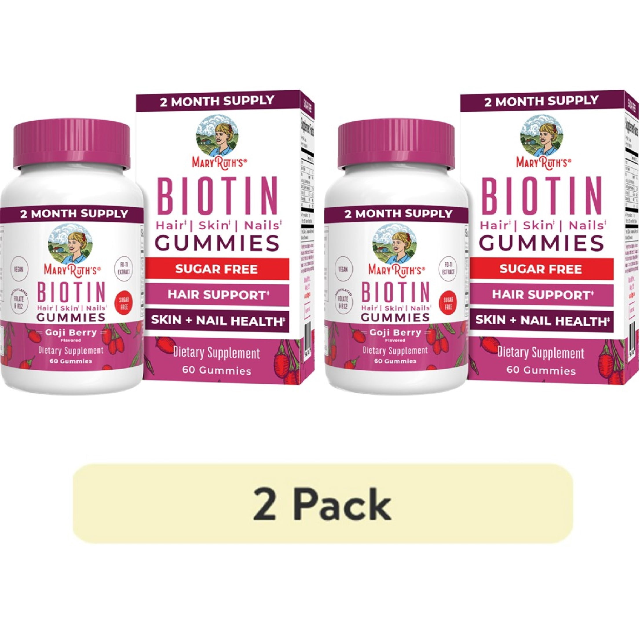 (2 pack) MaryRuth's Biotin Gummies Goji Berry Flavor Vegan Hair Skin Nails Support 2,500mcg 60 Count