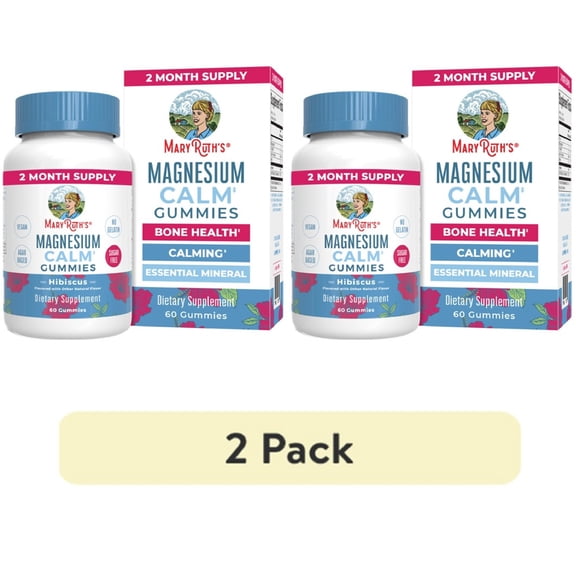 (2 pack) MaryRuth's Magnesium Calm Gummies Ages 14+, Stress Muscle Relaxation Bone Health, Vegan Gluten-Free Sugar-Free Hibiscus Flavor 60 Count