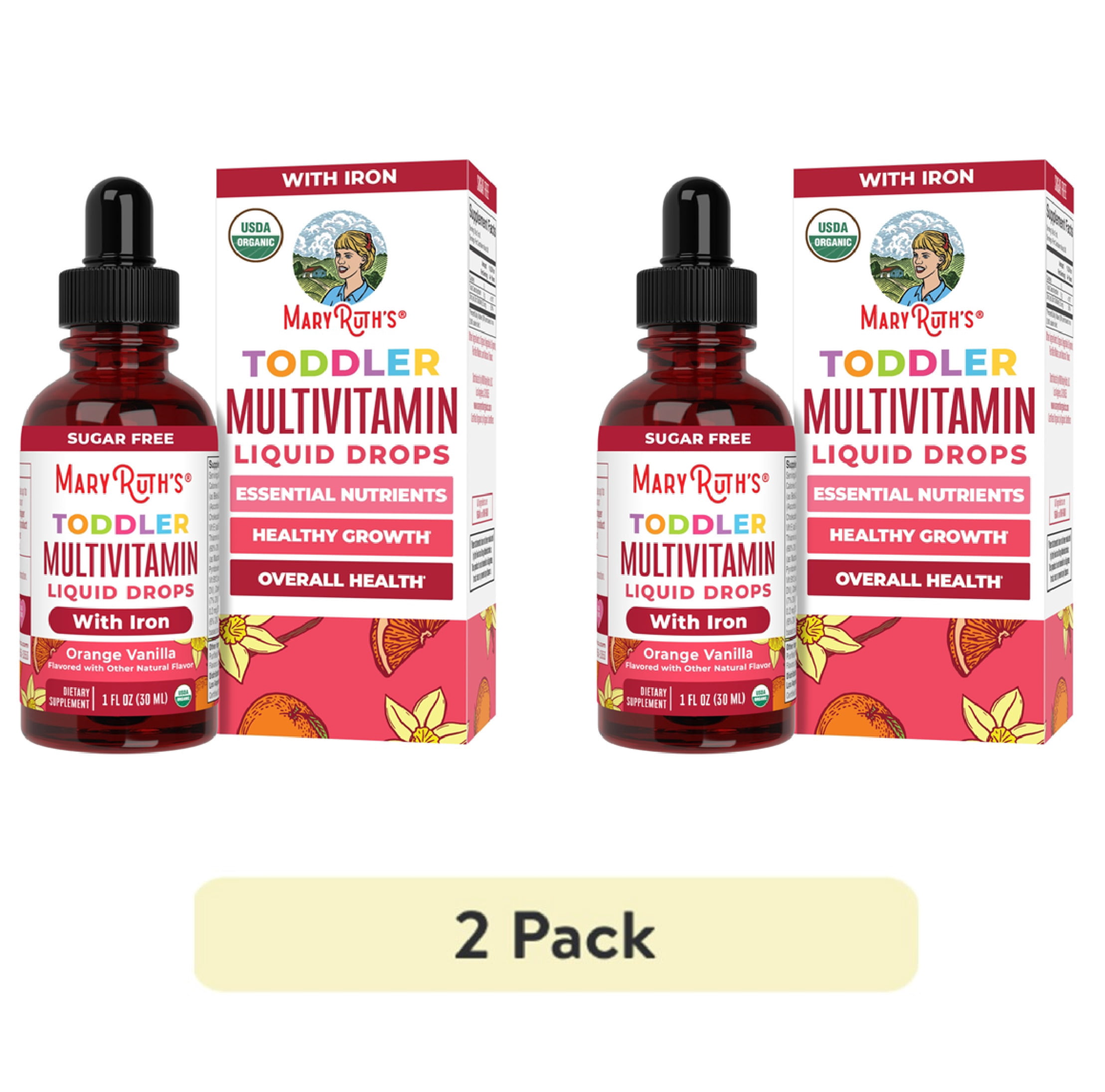 (2 pack) MaryRuth's Toddler Multivitamin Liquid Drops, Ages 1 - 3, USDA Organic, Immune Overall Health, Orange Vanilla, Vegan, Dairy-Free, Gluten-Free, 1 fl oz
